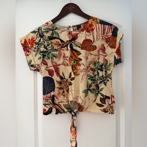 Tropical Tie-Front Women’s Top - Cream with Multicolor Floral Print